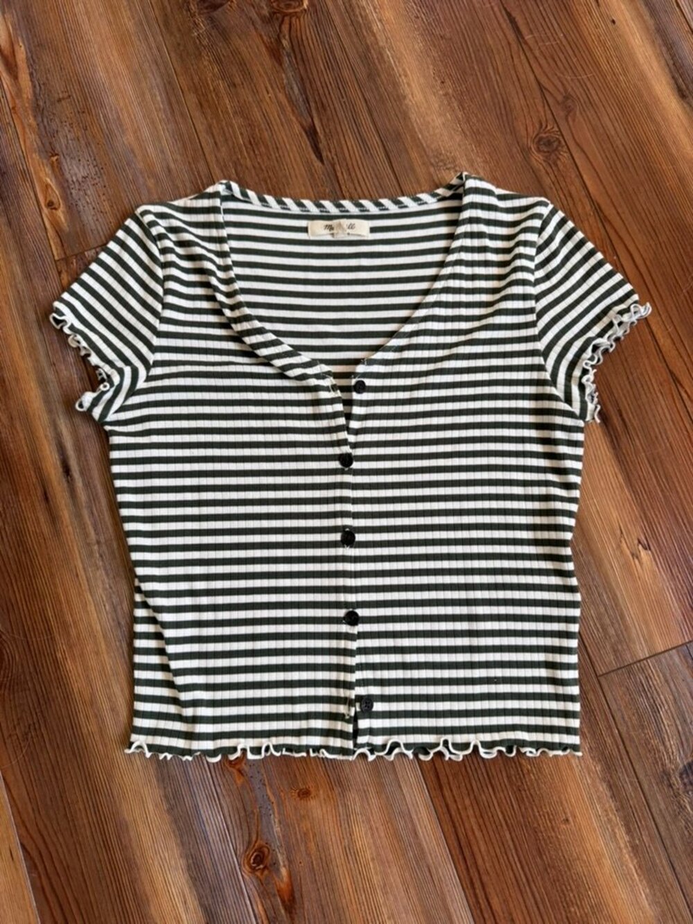 Madewell Button-Front V-Neck Tee Striped Olive Cream Ribbed Size S - Picture 4 of 13
